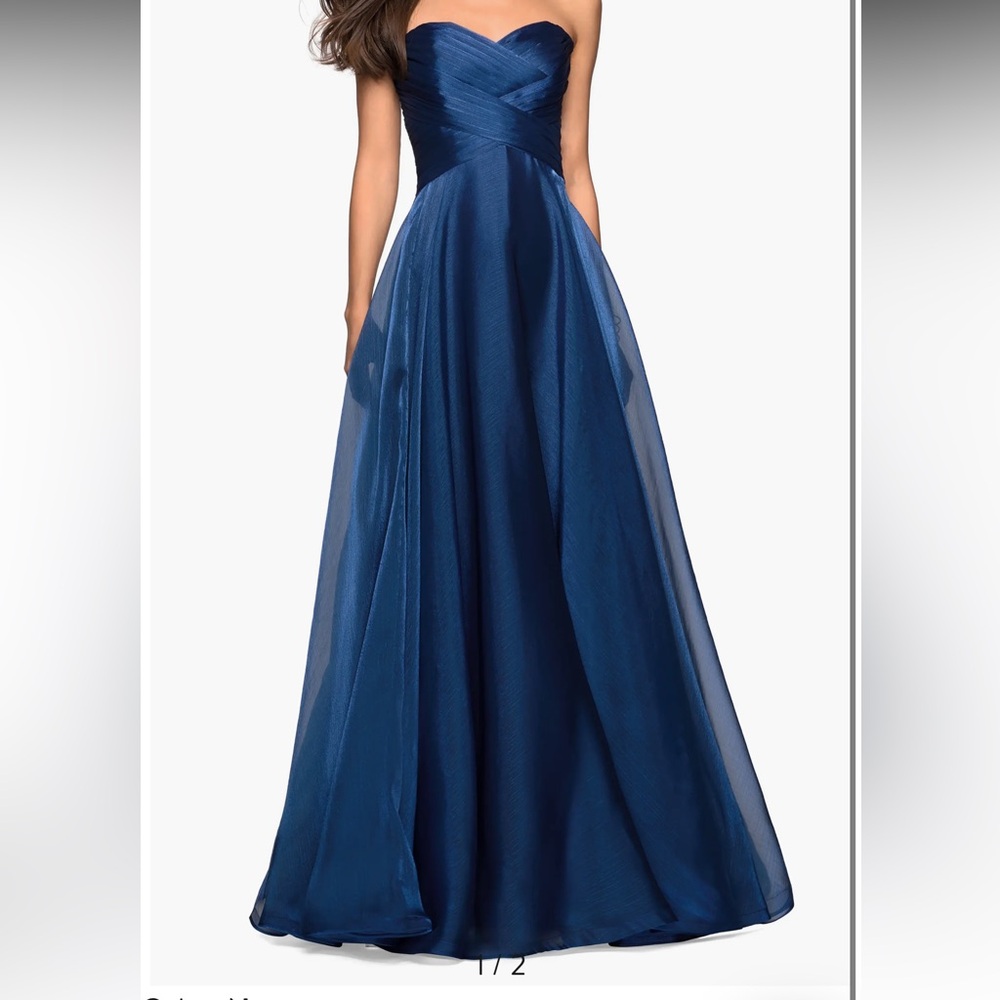 La Femme - Strapless Metallic Organza Gown
